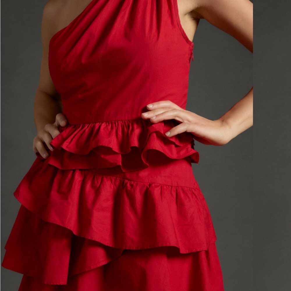 Anthropologie Red Tiered Ruffle One Shoulder Party Dress NWT - Picture 3 of 12
